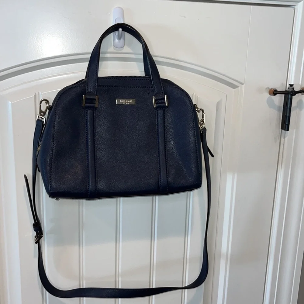 Kate Spade Small Felix Satchel purse Bag pebbled leather Navy blue classic